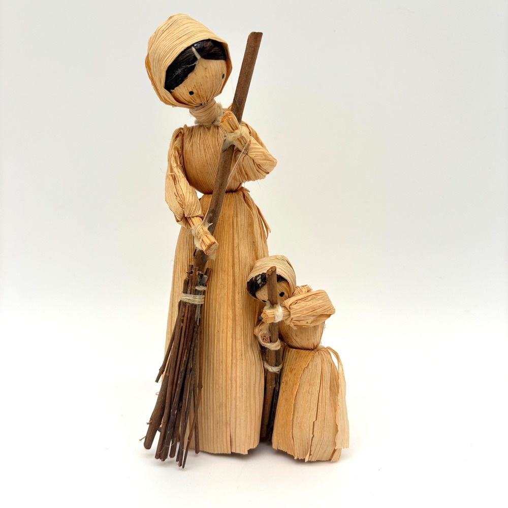 Vintage Corn Husk Doll Mother Child Broom Folk Art Harvest Decor Rustic